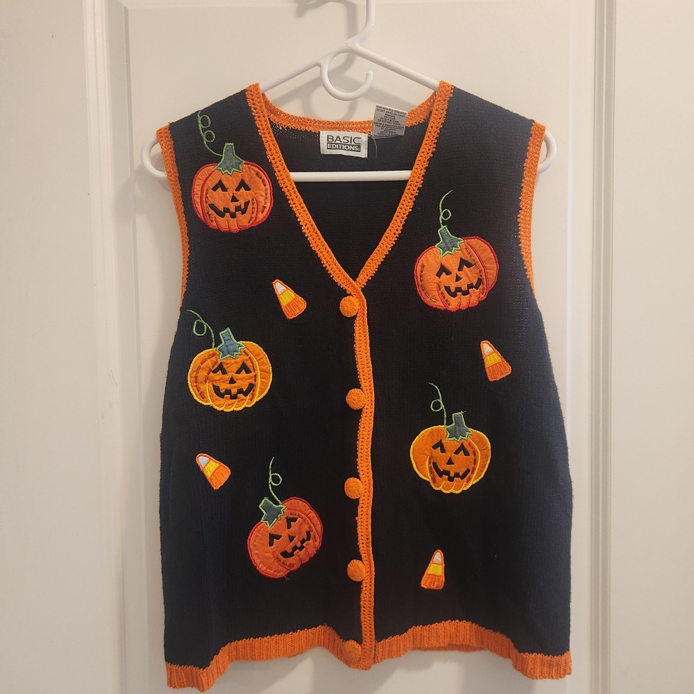 Basic Editions Halloween Pumpkin Candy Corn Sweater Vest Black Orange Womens M